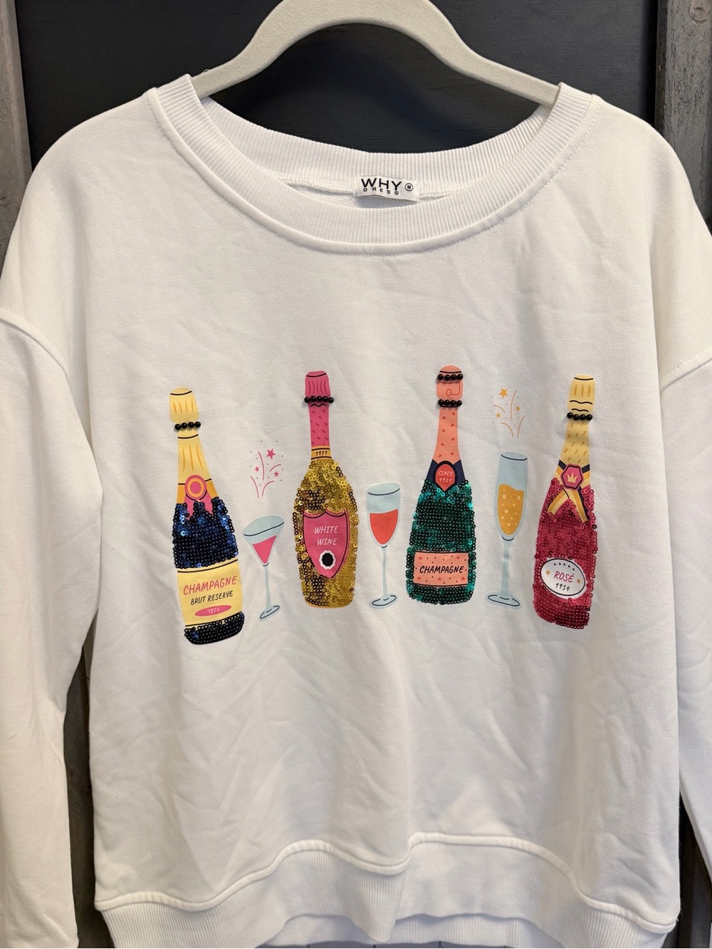 WHY White Sequin Champagne Bottle Sweatshirt Size M